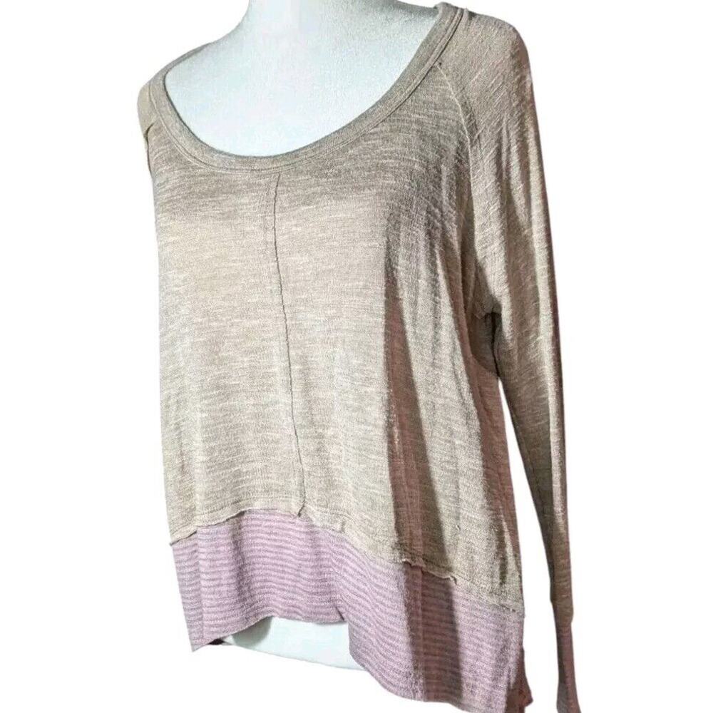 We The Free People Huntington Hacci Knit Top Women M Tan Pink Stripe L/S Shirt